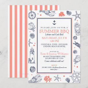 Nautical Seaside Beach Navy Blue/Coral Einladung