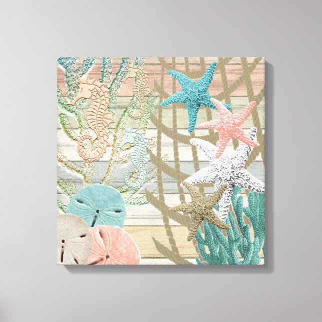 Nautical Seepferd Beach - Coral Leinwanddruck (Vorderseite)