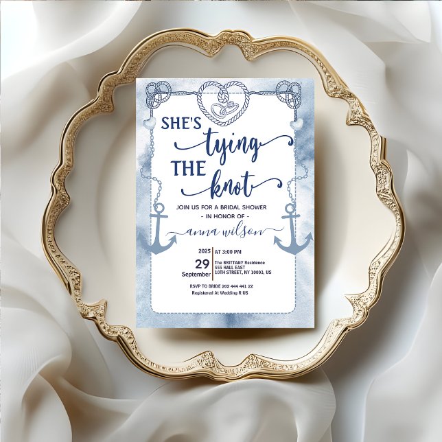 Nautical She's Tying the Knot Bridal Shower  Einladung (Nautical She's Tying the Knot Bridal Shower Invitation template beach theme heart rope marine theme)