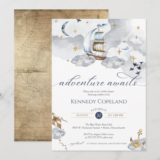 Nautical Ship Adventure erwartet Dreamy Baby Showe Einladung (Vorne/Hinten)