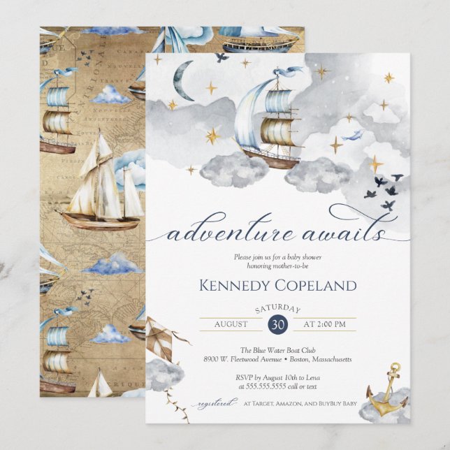 Nautical Ship Adventure erwartet Dreamy Baby Showe Einladung (Vorne/Hinten)