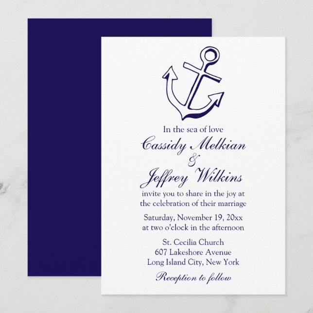 Nautical Ship Anchor Navy Blue Wedding Sailor Einladung (Vorne/Hinten)