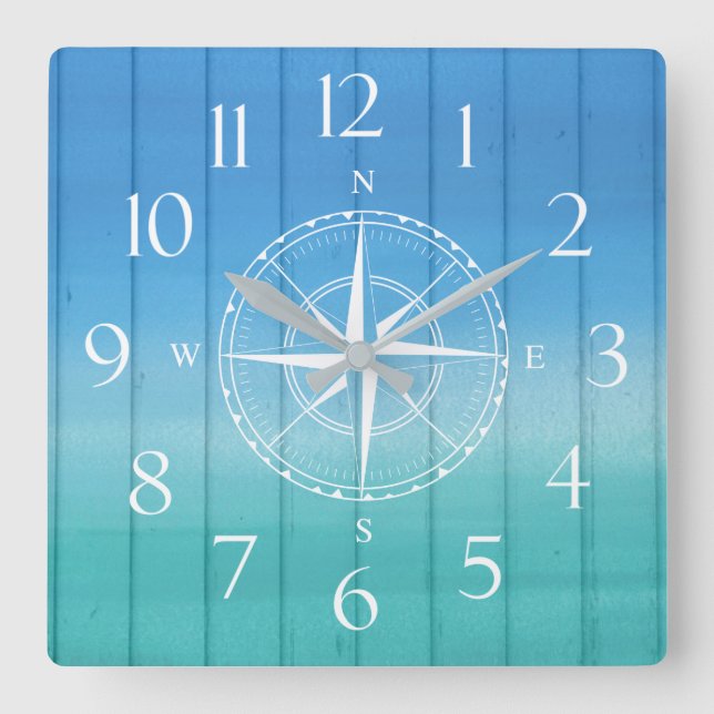 Nautical Ship Compass Blue Wood Texture Quadratische Wanduhr (Vorderseite)