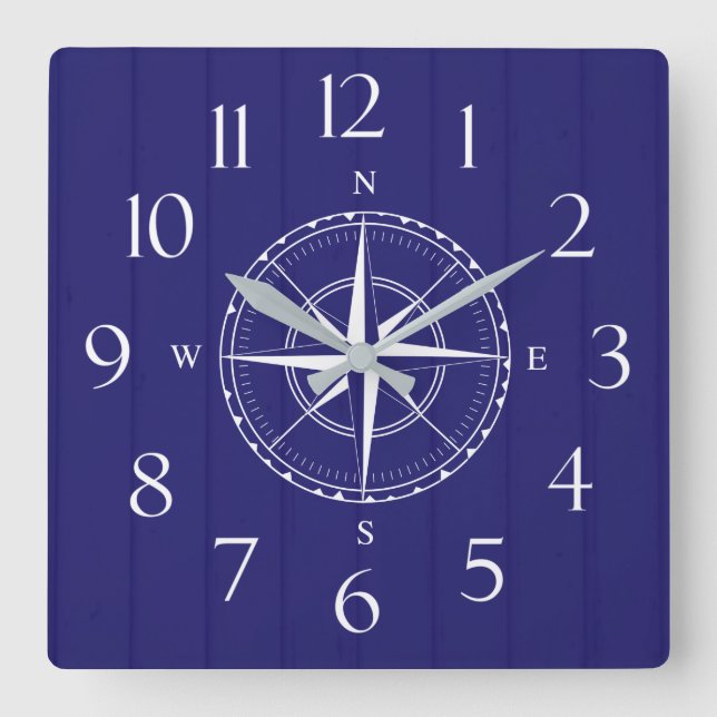 Nautical Ship Compass Navy Blue White Wood Quadratische Wanduhr (Vorderseite)