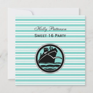 Nautical Ship lt Blue White Stripe #2 SQ Sweet 16 Einladung