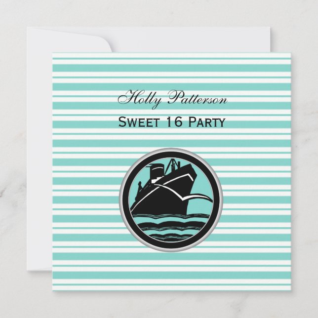 Nautical Ship Lt Blue White Stripe SQ Sweet 16 Einladung (Vorderseite)