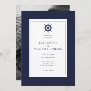 Nautical Ship Wheel Navy Blue Wedding Foto Einladung