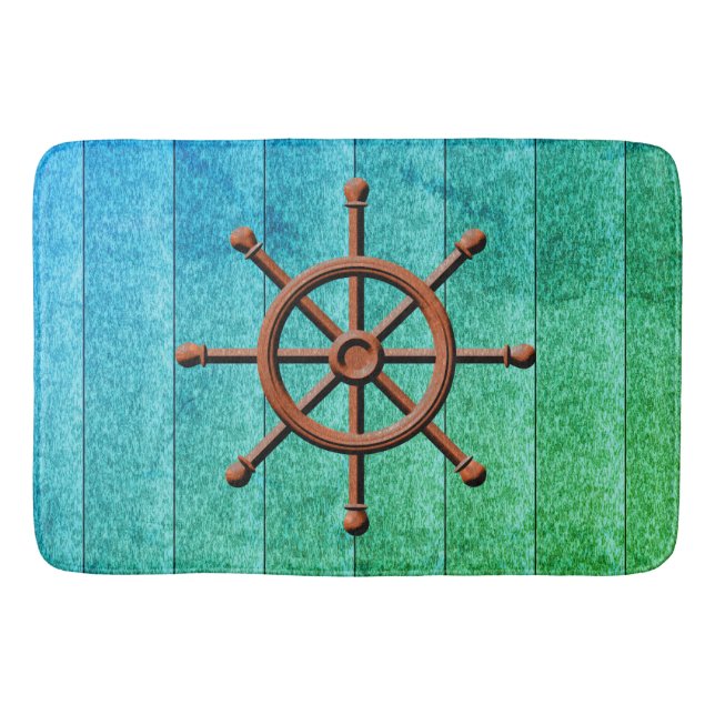Nautical Ship Wheel Weathered Wood Badematte (Vorderseite)