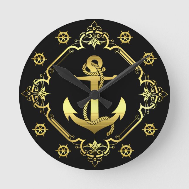 Nautical ship's anchor/wheels gold/black/black runde wanduhr (Vorderseite)