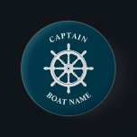 Nautical Ships Wheel Helm Captain Boat Button<br><div class="desc">Navy Deep Teal Nautical Ships Wheel - Helm and Your Personalized Boat Name and Customizable Captain Rank Button.</div>
