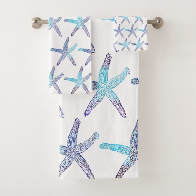 Nautical Starfish Beach Aquamarin Blue Ombre Muste Badhandtuch Set (Insitu)