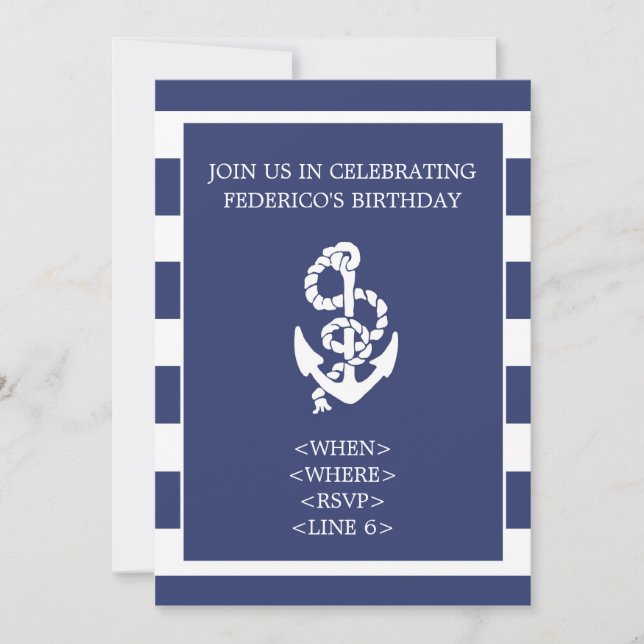 Nautical Strip Anchor Party Einladung, Navy Blue Einladung (Vorderseite)