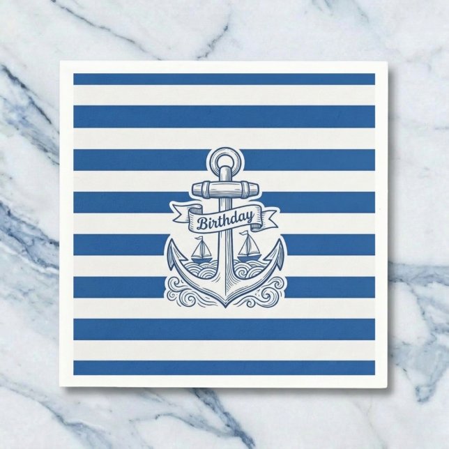 Nautical Striped Anchor Birthday Serviette (Classic stripes for your celebration.)