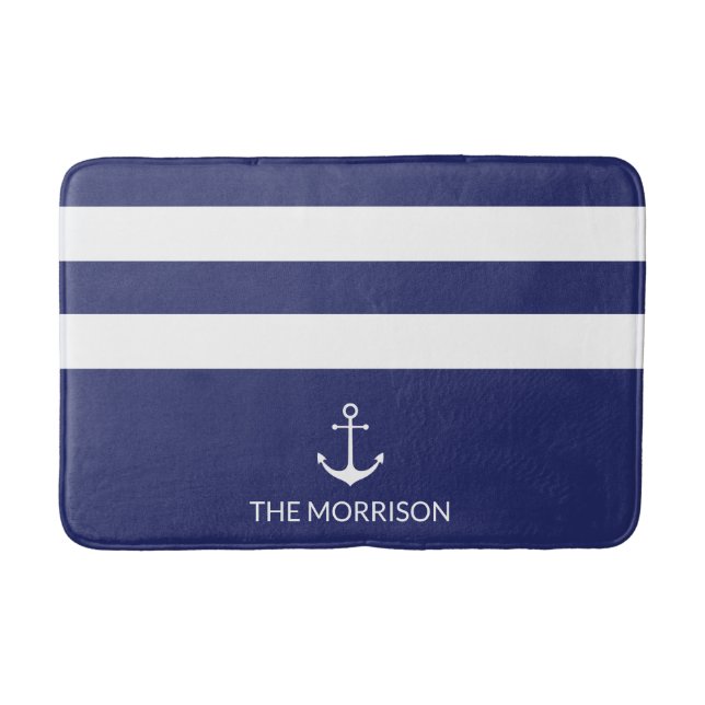 Nautical Stripes Boot Name weißer Ankernacht blau Badematte (Vorderseite)