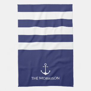 Nautical Stripes Boot Name weißer Ankernacht blau Geschirrtuch