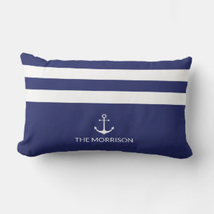 Nautical Stripes Boot Name weißer Ankernacht blau Lendenkissen