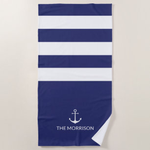 Nautical Stripes Boot Name weißer Ankernacht blau Strandtuch