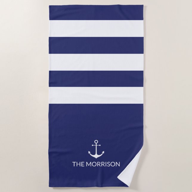 Nautical Stripes Boot Name weißer Ankernacht blau Strandtuch (Vorderseite)