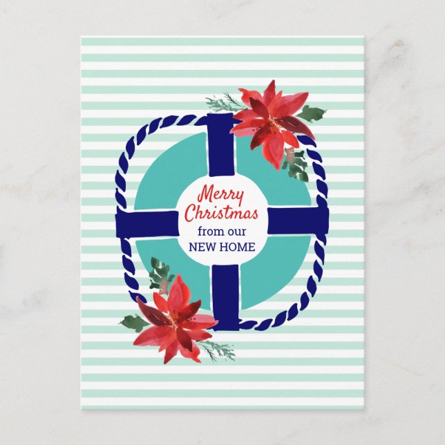 Nautical Stripes Christmas Poinsettias Moving Ankündigungspostkarte (Vorderseite)