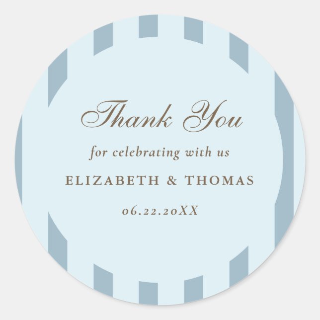 Nautical Stripes Dusty Blue Elegante Wedding Gefal Runder Aufkleber (Vorderseite)