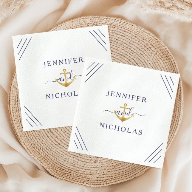 Nautical Stripes Gold Anchor Hochzeit Serviette (Elegant Navy Blue Nautical Anchor Wedding Napkins)