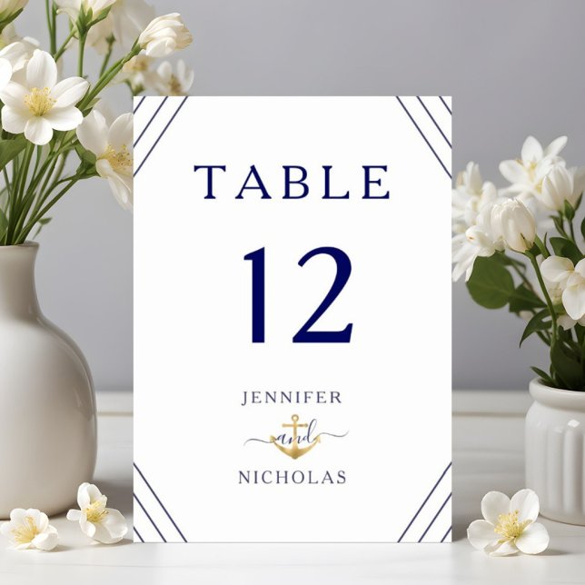Nautical Stripes Gold Anchor Hochzeit Tischnummer (Nautical Stripes Gold Anchor Wedding Table Number)