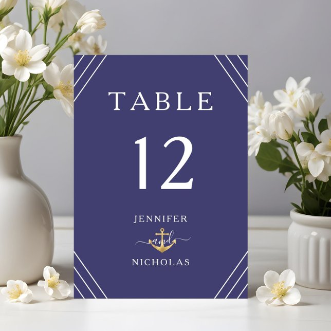 Nautical Stripes Gold Anchor Navy Blue Wedding Tischnummer (Nautical Stripes Gold Anchor Navy Blue Wedding Table Number)