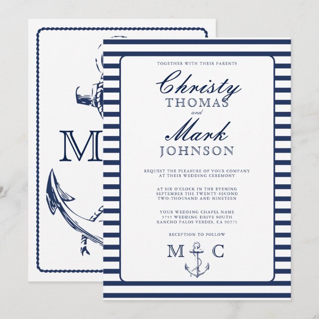 Nautical Stripes Navy Anchor Hochzeit Einladung (Vorne/Hinten)