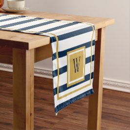 Nautical Stripes Navy Blue Monogram Initial Kurzer Tischläufer