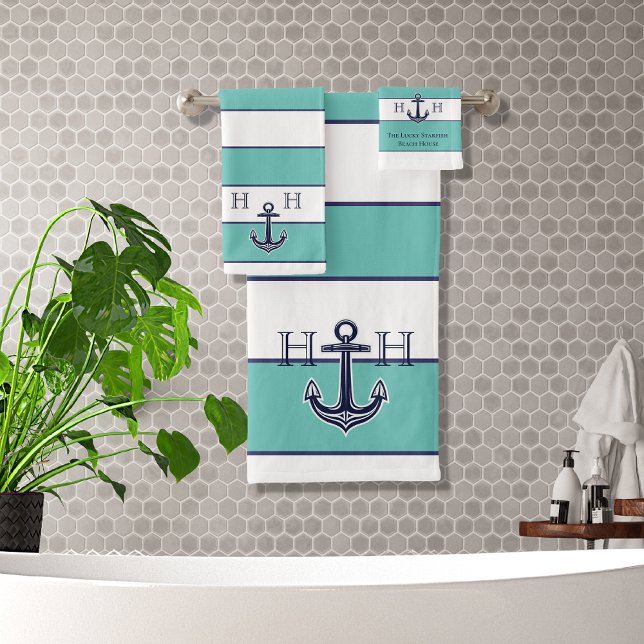Nautical Stripes Teal Anchor Coastal Monogrammed Badhandtuch Set (Von Creator hochgeladen)