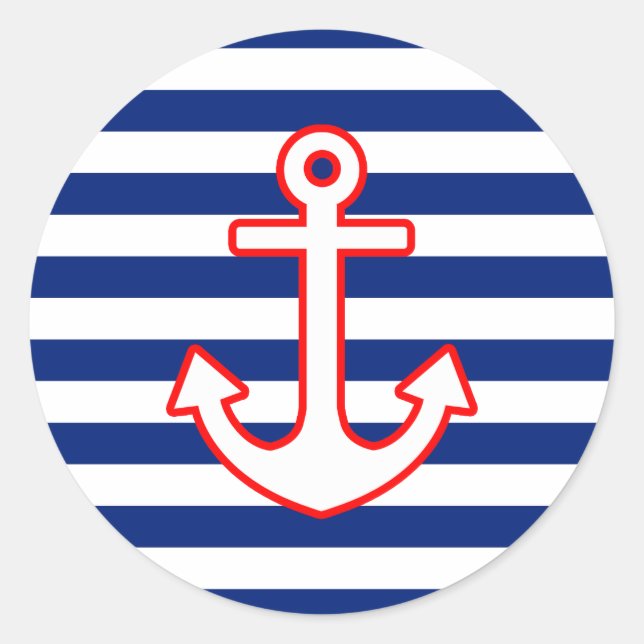Nautical Style Anchor on Stripes Runder Aufkleber (Vorderseite)