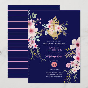 Nautical Sweet 16 lädt Navy Blue Pink Blume ein Einladung