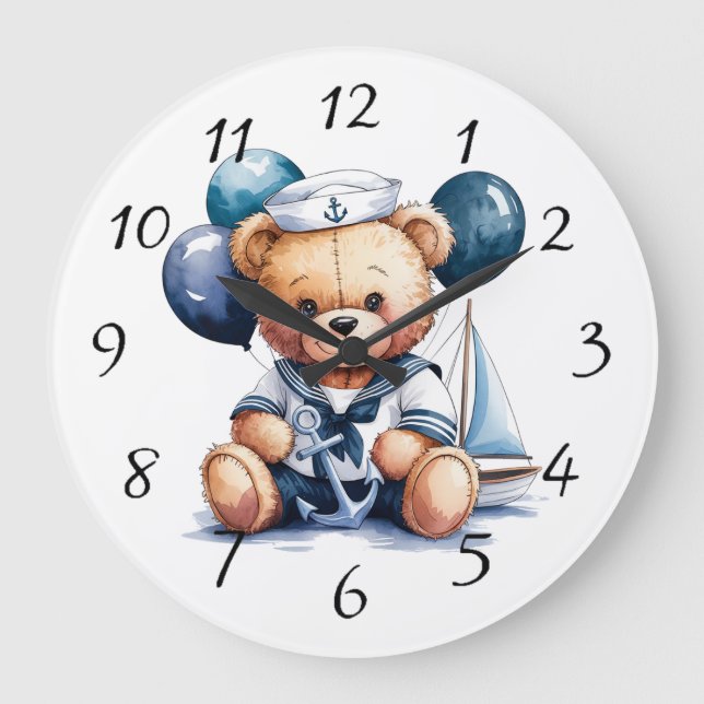 Nautical Teddy Bear Delight Boy Baby Showgeschenk Große Wanduhr (Vorderseite)