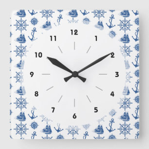Nautical Theme Anchor Blue and White Quadratische Wanduhr
