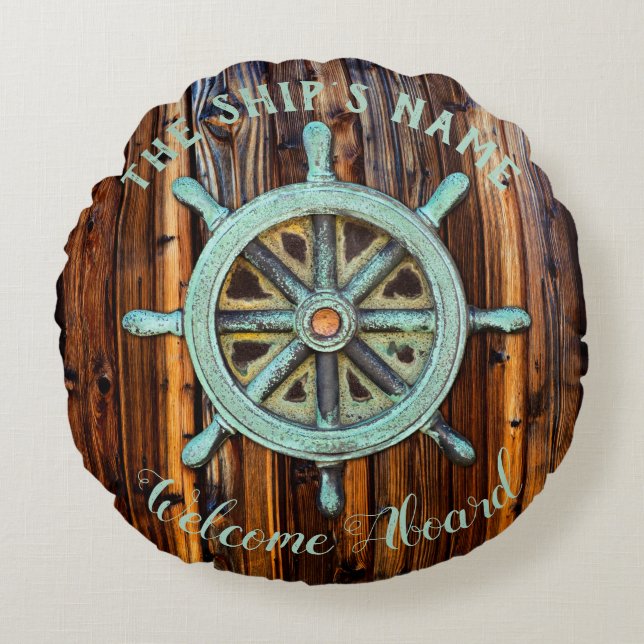 Nautical Theme Bronze Captains Wheel Rundes Kissen (Vorderseite)