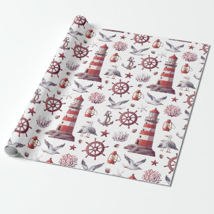 Nautical Theme - Leuchtturm, Korallen, Meeresleben Geschenkpapier