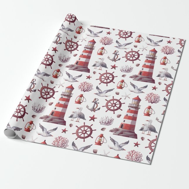Nautical Theme - Leuchtturm, Korallen, Meeresleben Geschenkpapier (Ungerollt)