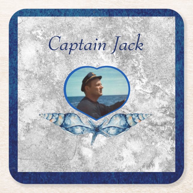 Nautical-Theme Navy Blue Foto Muscheln Aquarell Rechteckiger Pappuntersetzer (Vorderseite)