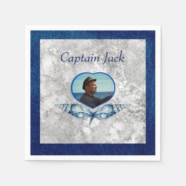 Nautical-Theme Navy Blue Foto Muscheln Aquarell Serviette (Vorderseite)