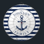 Nautical Themed Beach House Familie Dartscheibe<br><div class="desc">Ein komplett individualisierbares und lustiges Dartboard-Set mit einem einzigartigen nautischen Thema. Es verfügt über einen in der Mitte zentrierten Anker und eine lebendige Marine und weiß Farbe. Alle Elemente sind entsperrt und einstellbar,  wenn Sie Änderungen vornehmen müssen.  Viel Spaß beim Erstellen und Erstellen.</div>