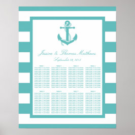 Nautical Turquoise Stripe Anchor Wedding Seating Poster