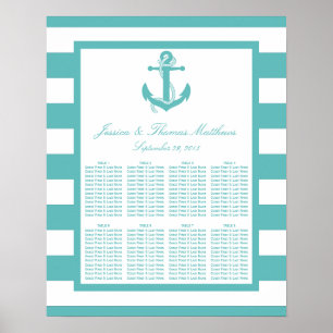 Nautical Turquoise Stripe Anchor Wedding Seating Poster