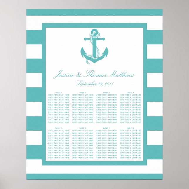 Nautical Turquoise Stripe Anchor Wedding Seating Poster (Vorne)
