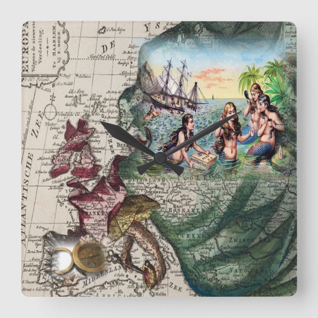 nautical Vintage European Map clock Quadratische Wanduhr (Vorderseite)