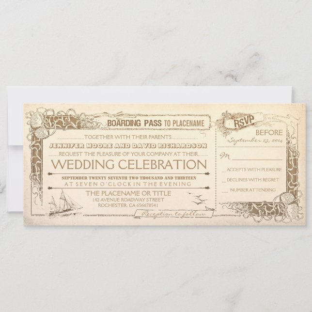 Nautical Vintage Wedding Invitation Pass d'embarqu (Devant)