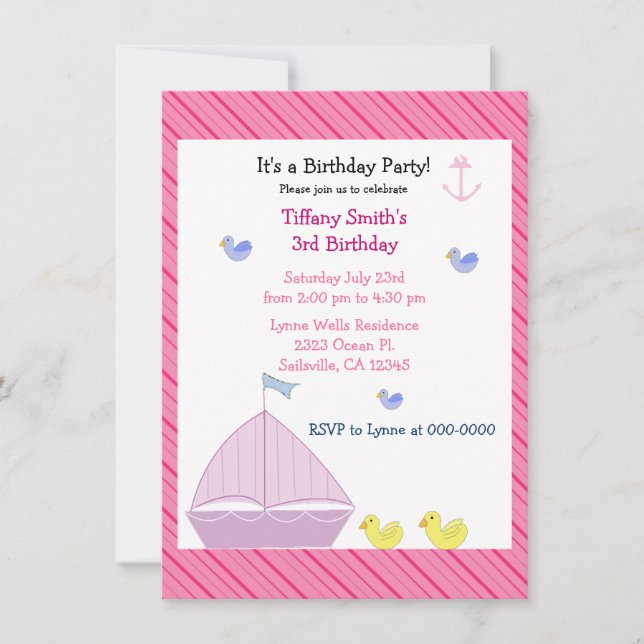 Nautical voilier Girls Anniversaire Invitation (Devant)