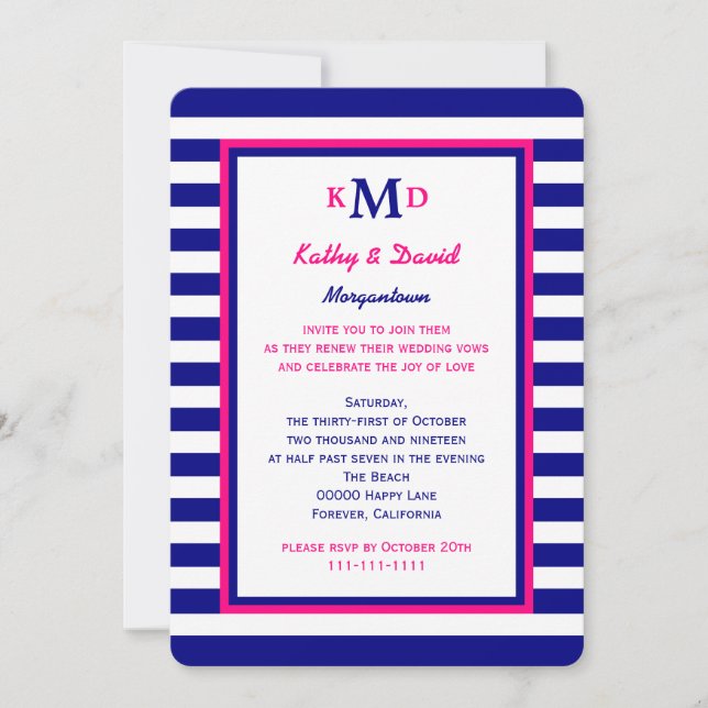 Nautical Vow Renewal Einladung Marine und Pink (Vorderseite)