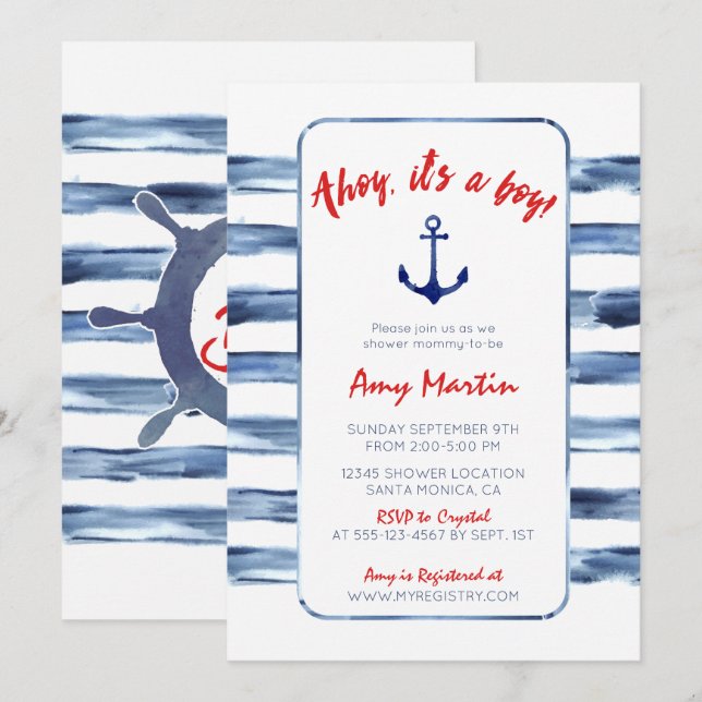 Nautical, Watercolor Babydusche Einladung (Vorne/Hinten)