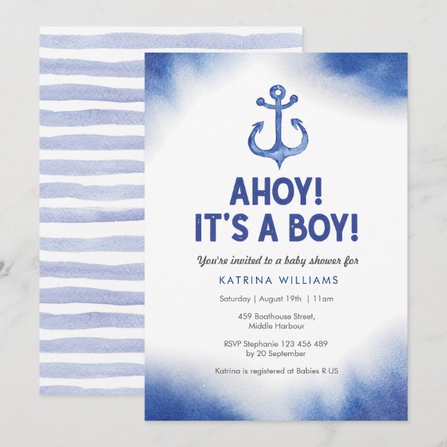 Nautical Watercolor Blue Baby Dusche Einladung (Vorne/Hinten)