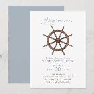 Nautical Watercolor Ship Wheel Baby Shower Invitat Einladung